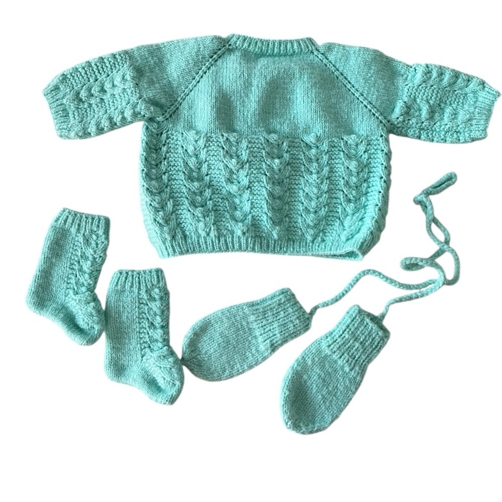 Mint Green Knit Baby Sweater Matching Set Mittens Socks Hat Cap